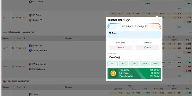 Thông tin cược của tỷ lệ kèo được hiển thị rõ ràng và chi tiết